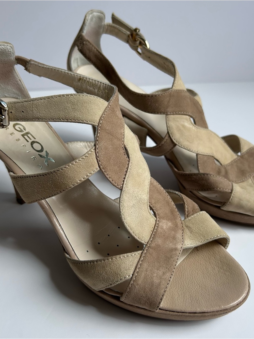 Geox Two-Tone Ivory and Taupe Suede Strappy Heels